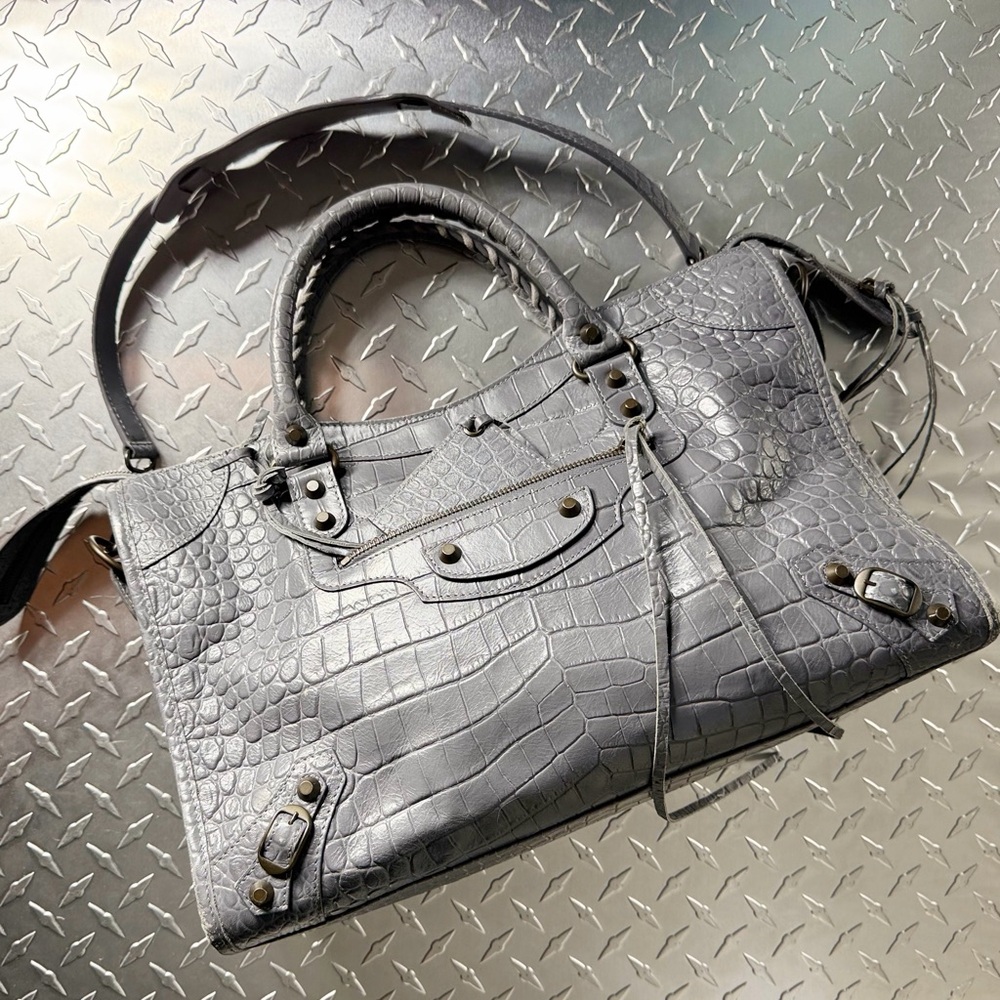Balenciaga Croc Embossed Moto Medium City Bag in Grey - Picture 2 of 10